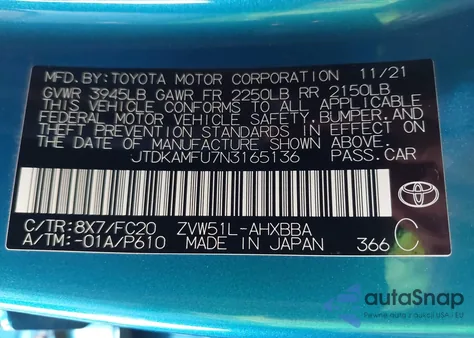 2022 Toyota Prius L из США, поврежденный, VIN JTDKAMFU7N3165136